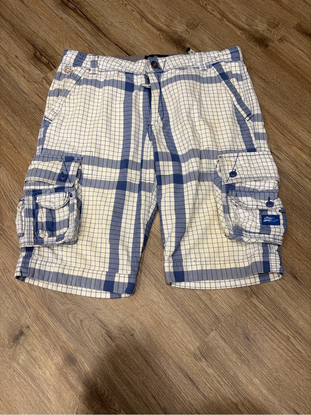 Y2K Buffalo David Bitton White Plaid Cargo Shorts with Blue and Red Stripes